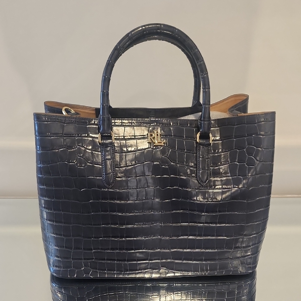 Ralph Lauren Navy Crocodile-Embossed Tote